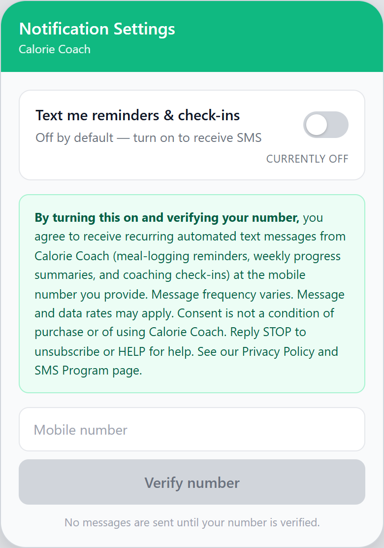 Calorie Coach notification settings showing the SMS opt-in toggle, phone verification, and consent language